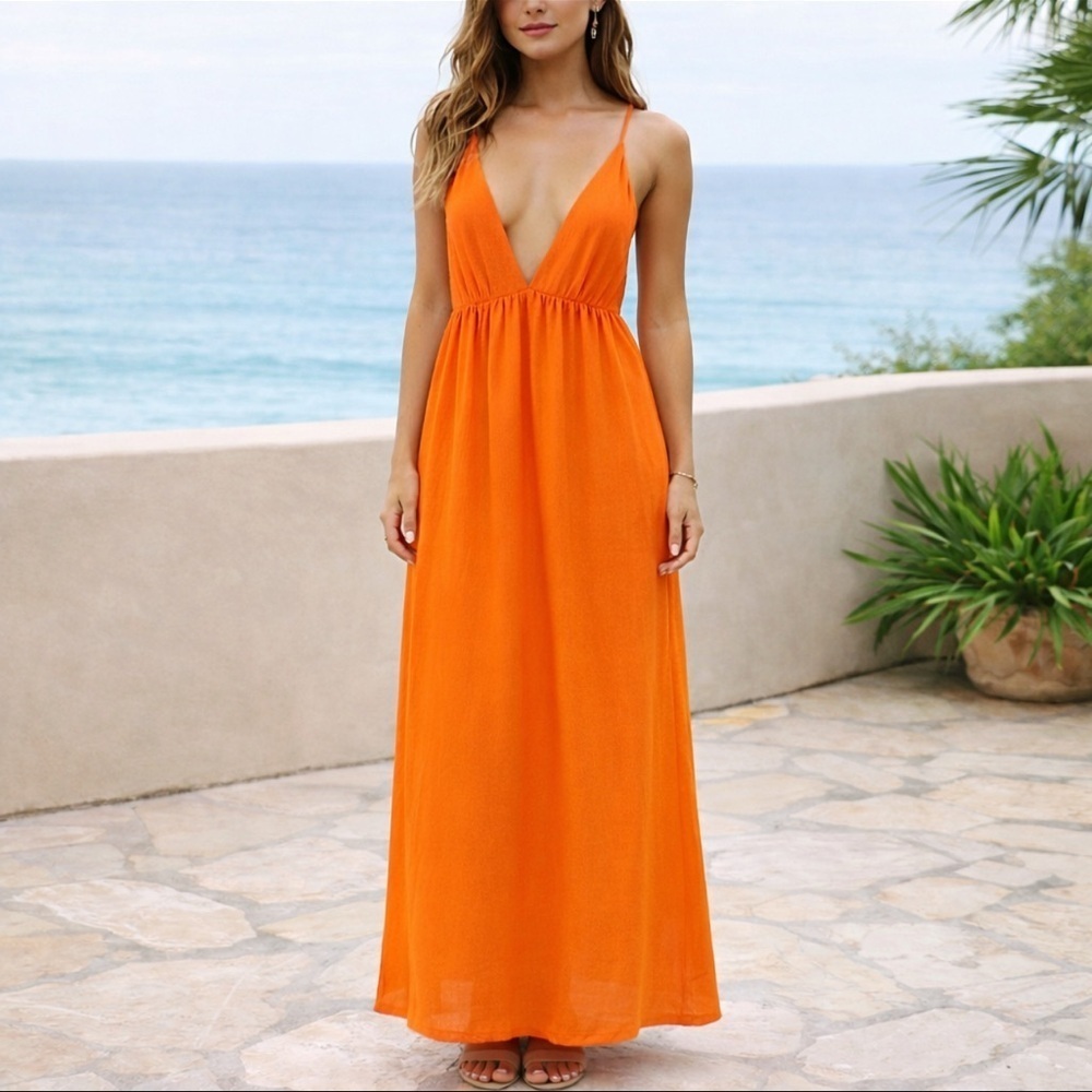 NWT Shein Sxy Curve Crossback Orange Plunge V-Neck Maxi Dress 1XL